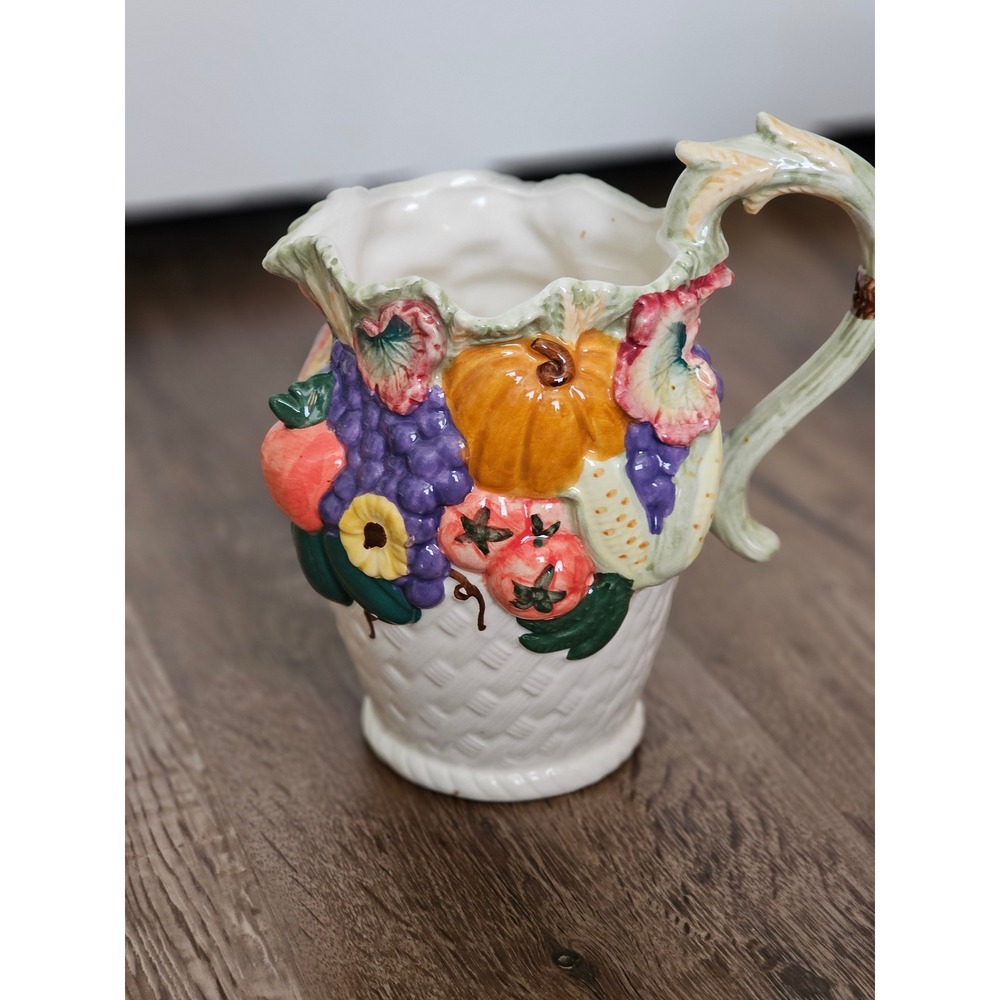 Vintage Harvest Pitcher Ceramic Pumpkin Grape Sunflower Fall Decor Thanksgiving